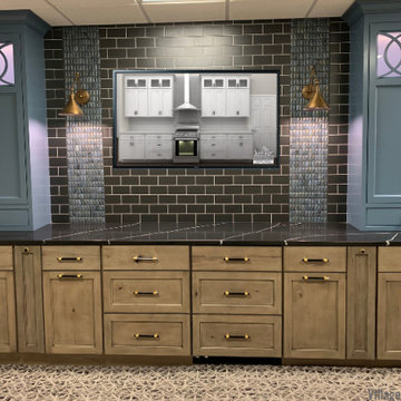 Rustic Maple and Panted Blue Cabinetry Custom Amish TV Surround