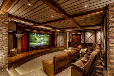 Photo of a rustic enclosed home cinema in Charlotte with carpet, a built-in media unit, beige floors and white walls.