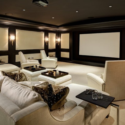 Inspiration for a mid-sized timeless enclosed carpeted and beige floor home theater remodel in Los Angeles with a projector screen and brown walls