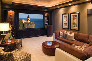 Photo of a medium sized traditional enclosed home cinema in Houston with beige walls, carpet, a built-in media unit and beige floors.