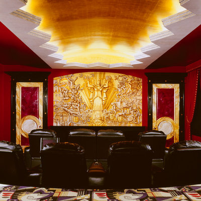 Example of a large classic enclosed carpeted home theater design in Chicago with red walls and a projector screen