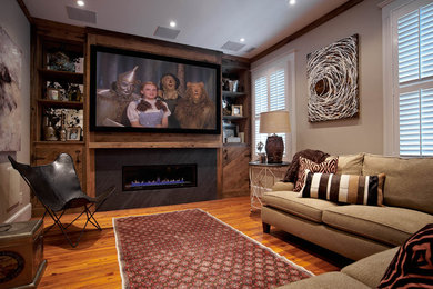 Example of an eclectic home theater design in Charlotte