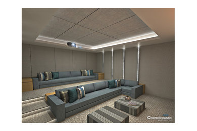 На фото: огромный изолированный домашний кинотеатр в современном стиле с серыми стенами, ковровым покрытием и проектором с