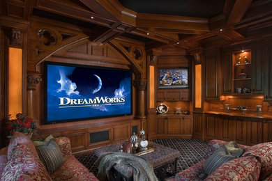 Example of a mid-sized classic carpeted and multicolored floor home theater design in Indianapolis with a projector screen