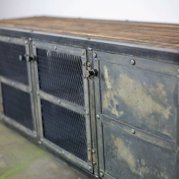 Vintage Industrial Media Console/Credenza. Reclaimed wood top. Urban Modern.