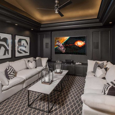 Inspiration for a transitional enclosed carpeted and multicolored floor home theater remodel in Dallas with gray walls and a wall-mounted tv