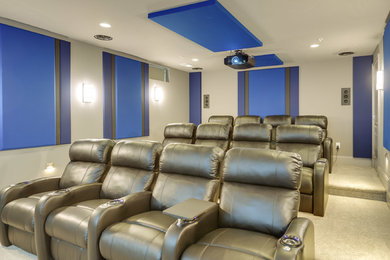 Home theater - large contemporary enclosed carpeted and beige floor home theater idea in Baltimore with beige walls and a projector screen