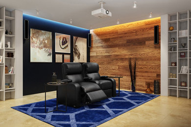 Ejemplo de cine en casa abierto clásico renovado grande con paredes azules, suelo de mármol, pantalla de proyección y suelo marrón