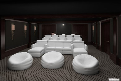 На фото: большой изолированный домашний кинотеатр в стиле модернизм с серыми стенами, ковровым покрытием, серым полом и телевизором на стене с