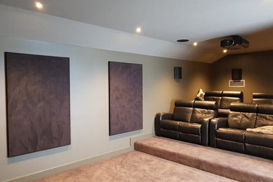 Источник вдохновения для домашнего уюта: изолированный домашний кинотеатр среднего размера в стиле модернизм с зелеными стенами, ковровым покрытием, проектором и коричневым полом