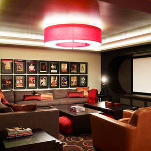 Design ideas for a contemporary enclosed home theatre in Sydney with beige walls and a projector screen.