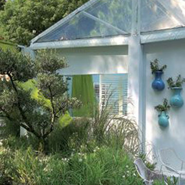 A colourful garden shelter