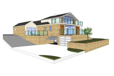 Inspiration for a medium sized contemporary detached house in Other with three floors, stone cladding, a pitched roof and a tiled roof.