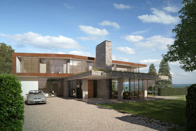 Пример оригинального дизайна: большой, трехэтажный, серый дом в стиле модернизм с облицовкой из камня