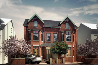 Inspiration for a red traditional brick house exterior in Manchester with three floors, a pitched roof and a tiled roof.