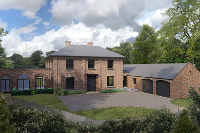 Design ideas for a large and brown classic two floor brick detached house in Cambridgeshire with a mansard roof and a tiled roof.