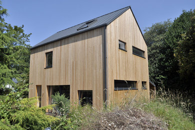 Diseño de fachada de casa beige escandinava pequeña de dos plantas con revestimiento de madera, tejado a dos aguas y tejado de metal