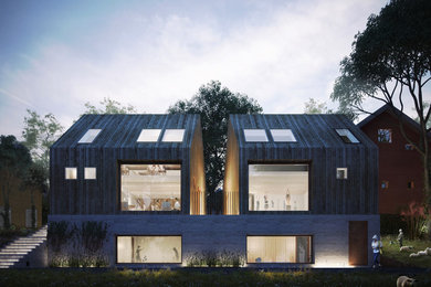 Réalisation d'une grande façade de maison beige design en bois à deux étages et plus avec un toit à deux pans.
