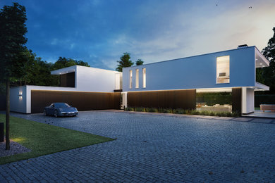 Inspiration för stora moderna vita hus, med två våningar, blandad fasad, platt tak och tak i mixade material