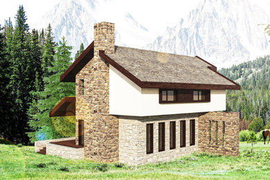 Ejemplo de fachada de casa beige actual de tamaño medio de dos plantas con revestimientos combinados, tejado a dos aguas y tejado de teja de barro