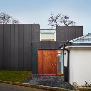 Photo of a medium sized and gey contemporary one floor detached house in London with metal cladding and a flat roof.
