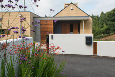 Inspiration for a contemporary house exterior in Belfast with wood cladding.