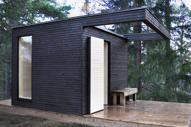 Modelo de fachada negra contemporánea pequeña de una planta con revestimiento de madera y tejado plano