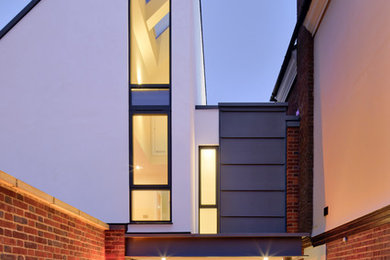 Diseño de fachada actual pequeña de dos plantas con tejado de un solo tendido y tejado de metal