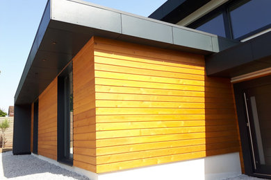 Modelo de fachada de casa multicolor y gris contemporánea de dos plantas con revestimientos combinados, tejado plano, tejado de varios materiales y panel y listón