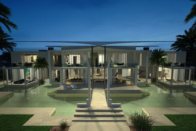 Idee per la villa grande bianca contemporanea a tre piani con rivestimento in stucco e tetto piano
