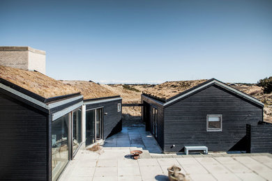 Cette image montre une façade de maison noire nordique en bois de taille moyenne avec un toit à deux pans.