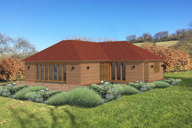 Modelo de fachada de casa contemporánea de una planta con revestimiento de madera, tejado a dos aguas y tejado de teja de barro