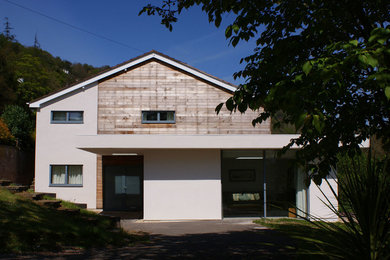 Cette image montre une façade de maison blanche design en stuc de taille moyenne.