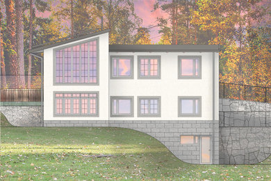Идея дизайна: большой, трехэтажный, белый частный загородный дом в классическом стиле с комбинированной облицовкой и металлической крышей