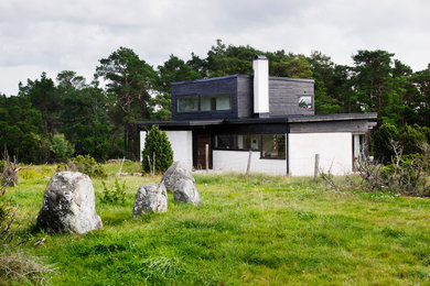 Modelo de fachada blanca escandinava de tamaño medio de dos plantas con revestimiento de hormigón y tejado plano
