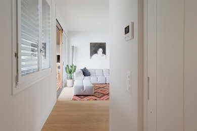 Ispirazione per un grande ingresso minimal con pareti bianche, parquet chiaro e pavimento marrone