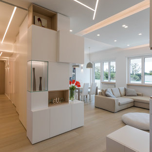 Idee per un ingresso o corridoio minimal con pareti bianche, parquet chiaro e pavimento beige