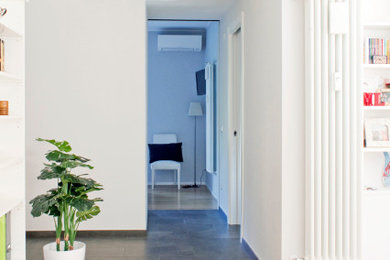 Imagen de distribuidor contemporáneo de tamaño medio con paredes blancas, suelo de madera clara, puerta simple y puerta blanca