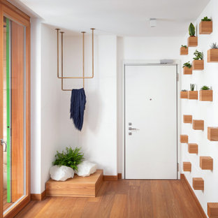 Idee per un corridoio minimal di medie dimensioni con una porta singola, una porta bianca e pavimento marrone