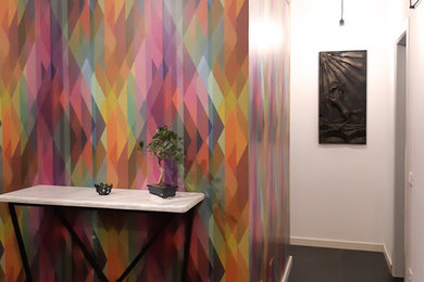 Imagen de recibidores y pasillos modernos de tamaño medio con paredes multicolor, suelo de baldosas de porcelana y suelo negro