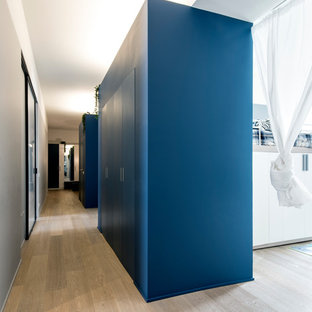 Exempel på en stor modern hall, med blå väggar och mellanmörkt trägolv