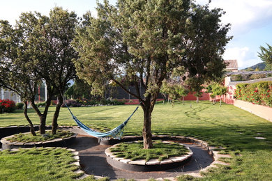 Imagen de jardín campestre grande en patio trasero con exposición parcial al sol