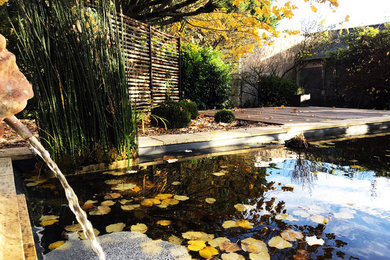 Cette photo montre un jardin chic l'automne avec un bassin et une terrasse en bois.