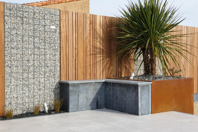Inspiration pour un petit jardin arrière minimaliste avec une exposition ensoleillée et une terrasse en bois.