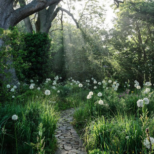 Inspiration pour un jardin traditionnel avec une entrée ou une allée de jardin, une exposition partiellement ombragée et des pavés en pierre naturelle.