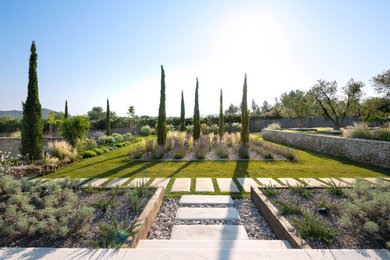 Aménagement d'un grand aménagement d'entrée ou allée de jardin arrière méditerranéen l'été avec une exposition ensoleillée et des pavés en béton.