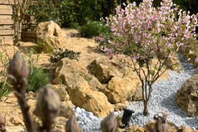 Inspiration pour un grand aménagement d'entrée ou allée de jardin latéral asiatique au printemps avec une exposition partiellement ombragée et des pavés en pierre naturelle.