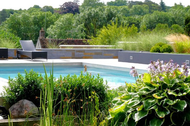 Idées déco pour un jardin arrière moderne de taille moyenne avec une exposition ensoleillée et une terrasse en bois.