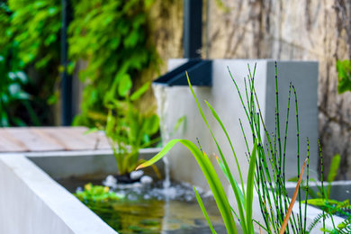 Jardin verdoyant avec fontaine