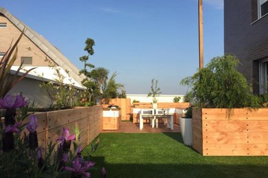 Cette photo montre un petit jardin sur toit tendance avec une exposition ensoleillée et une terrasse en bois.